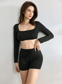Ocili Cómodo top de pijama de manga larga de doble faz de forro polar de seda de leche para mujer - Negro - Ver 5
