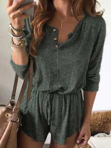 SHEIN LUNE Simple & Casual Pullover Knitted Long Sleeve Jumpsuit With Buttons - Army Green - View 1