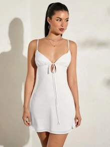 SHEIN BAE Summer Pink Sexy Cup Hollow-Out Backless Dress With Bowknot Tied Straps For Women - White - View 3