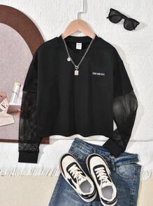 Áo thun trễ vai dạng lưới tương phản của Tween Girls Letter - màu đen - Xem 1