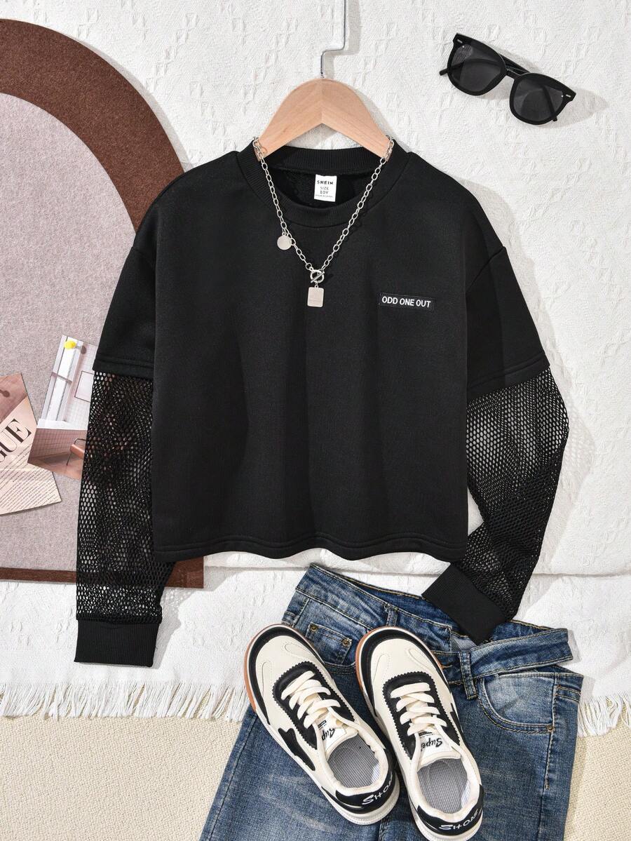 Áo thun trễ vai dạng lưới tương phản của Tween Girls Letter - màu đen - Xem 1