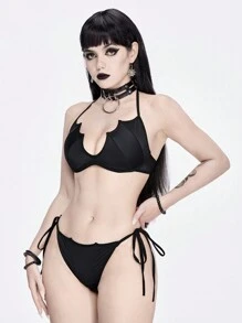 ROMWE Goth 女士纯色露背系带性感前卫比基尼套装，万圣节