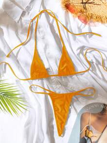 Swim SXY Women's Solid Color Halter Neck Tie Sexy Bikini Set With Separated Micro Triangle Bathing Suit For Summer Beach , Swimwear - Orange - View 4