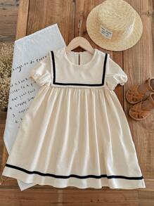 SHEIN Young Girl Solid Color Adorned Pocket Turn-Down Preppy Dress - Apricot - View 5