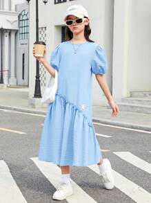 SHEIN Đầm Midi cổ tròn tay bong bóng dễ thương cho bé gái Tween với thiết kế xẻ tà - Màu xanh nhạt - Xem 4