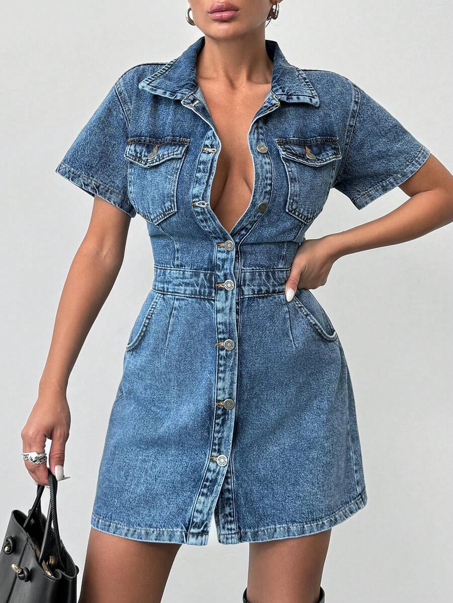 EURMUSE Flap Pocket Button Front Denim Dress - Medium Wash - View 1
