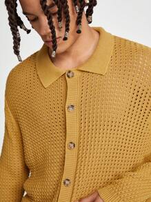 Manfinity Hypemode Cardigan Masculino Sólido com Botão Frontal para Uso Diário - Amarelo Mustarda - Ver 3