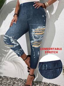 SHEIN LUNE Women's Plus Size Ripped Leggings - Blue - View 3