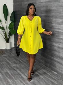 Slaydiva ROBE MINI SLIM A-LINE ÉLÉGANT ET DÉCONTRACTÉ POUR LES VACANCES EN JAUNE unicolore, STYLE CHEMISE AVEC PLASTRON OUVERT POUR FEMMES grande taille, PRINTEMPS/ÉTÉ -E