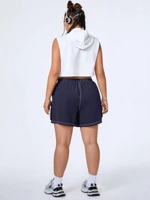 SHEIN EZwear CURVE Plus Quần short thắt lưng có túi có dây rút bên hông - Màu xanh hải quân - Xem 4
