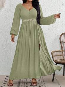 SHEIN VCAY Vestido de manga de linterna con encaje Guipure en la parte superior con abertura en el muslo en tallas grandes - Verde militar - Ver 3