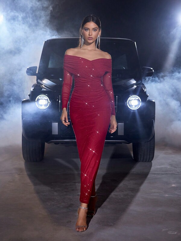 Sexy Off Shoulder Bodycon Dress With Ruched And Long Sleeve For Formal Parties Party Dress Wedding Guest Dress Evening Dress,Gown