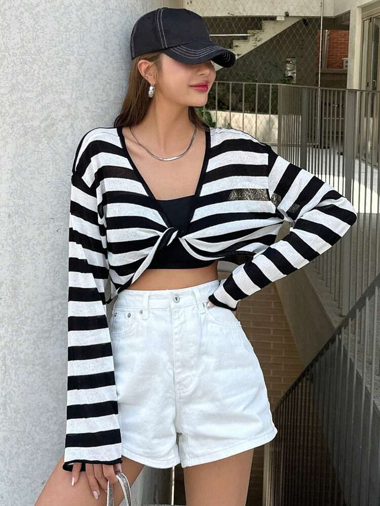 Striped Pattern Twist Front Crop Knit Top Fall