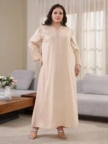 Elegant Embroidered Arabic Dress, JALABIA Floral Lace Sleeve V-Neck Dress, Graceful Spring/Summer 2025, RAMADAN, Eid Al Adha - Apricot - View 6