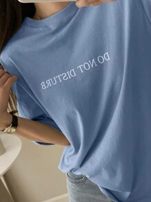 DAZY Women's Loose Fit Regular T-Shirt With Letter Print DO NOT DISTURB Summer - Blue - View 2