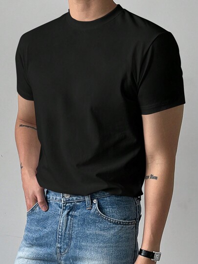 DAZY Camiseta casual de verano para hombre con cuello redondo, manga corta y unicolor