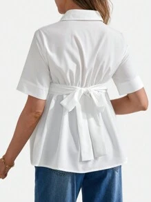 SHEIN Casual Solid Woven Short Sleeve Loose Maternity Shirt With Open Front - White - View 2