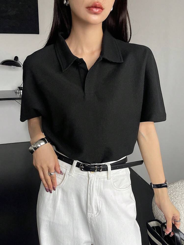 Women Business Casual Solid Short Sleeve Blouse