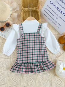 嬰兒女寶寶格紋襯衫泰迪熊裝可愛長袖服裝 - 粉色 - 查看 2