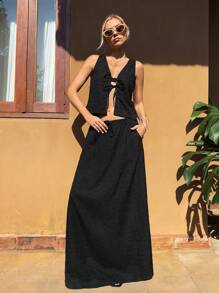 Forever 21 Damski komplet bez rękawów, w jednolitym kolorze, na co dzień, top i spódnica - Czarne - Zobacz 1