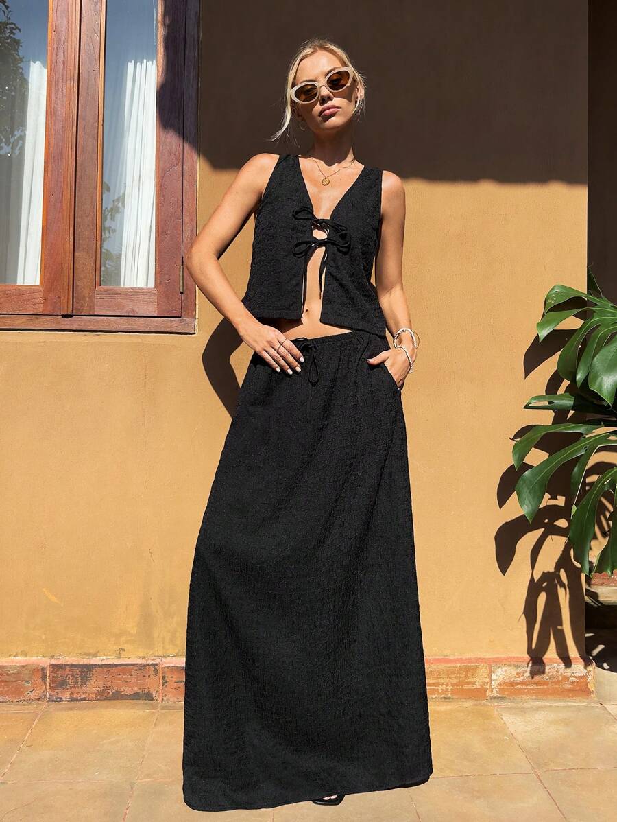 Forever 21 Damski komplet bez rękawów, w jednolitym kolorze, na co dzień, top i spódnica - Czarne - Zobacz 1