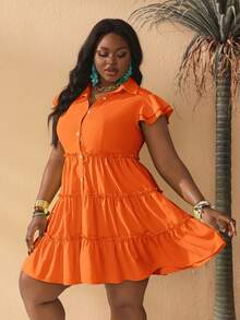 Slaydiva Vestido de verano estilo camisa de talla grande color amarillo - Naranja - Ver 5