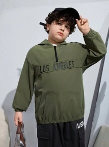 SHEIN Chaqueta informal con capucha de cremallera para chicos preadolescentes con tallas extendidas y estampado de letras, para otoño/invierno