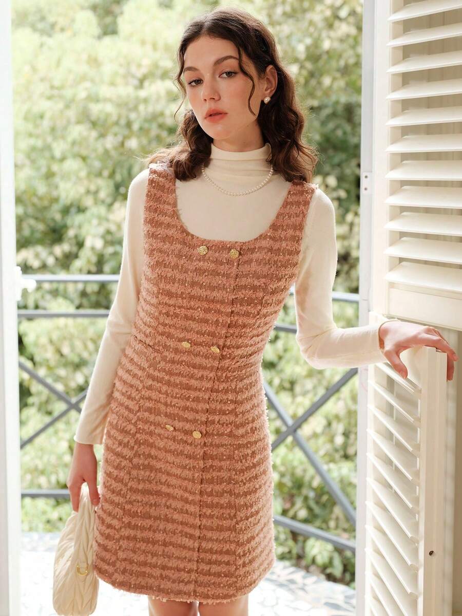 Double Breasted Tweed Dress Without Sweater - Pink - View 1