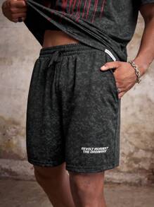 Manfinity Roughcore Men Plus Size Slogan Graphic Men Summer Clothes Tee & Drawstring Waist Shorts - Black - View 4
