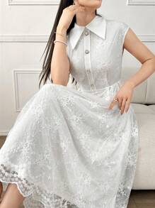 Modelyn Solid Button Front Lace Dress Long Evening Dresses - White - View 3