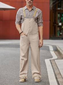 Manfinity Homme 男士夏季休閒拼色丹寧背帶褲，鈕扣設計，開襟式和雙口袋設計 - 卡其色 - 查看 1