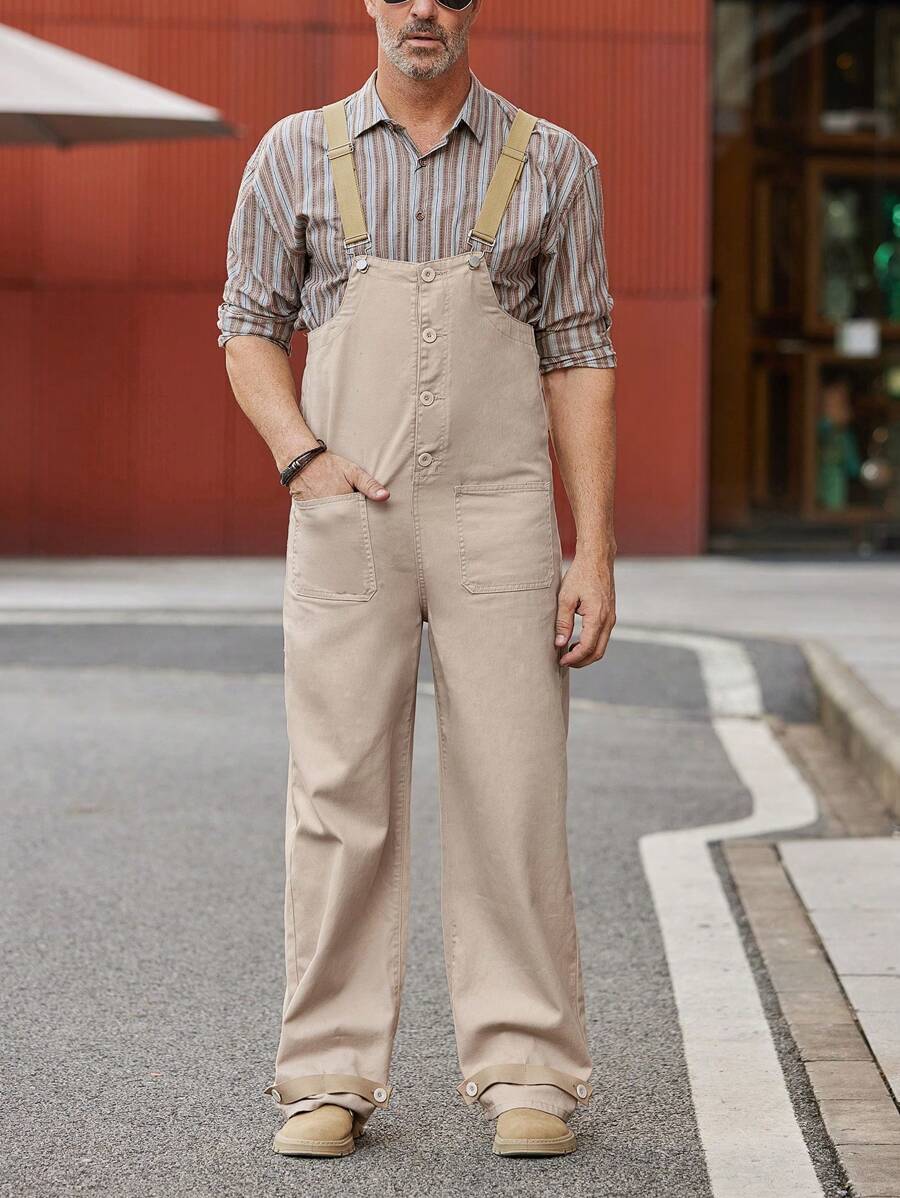 Manfinity Homme 男士夏季休閒拼色丹寧背帶褲,鈕扣設計,開襟式和雙口袋設計 - 卡其色 - 查看 1