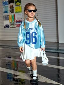 2pcs Young Girl Stylish Streetwear Casual Loose Fit V-Neck Long Sleeve T-Shirt And Asymmetrical Skirt Set,Autumn School Sport Back-To-School Outfit - Multicolor - View 6