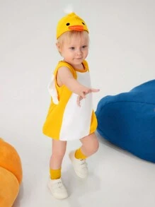 SHEIN 2 件装男婴可爱毛绒鸭子角色扮演服装套装，休闲 - 黃色 - 查看 1