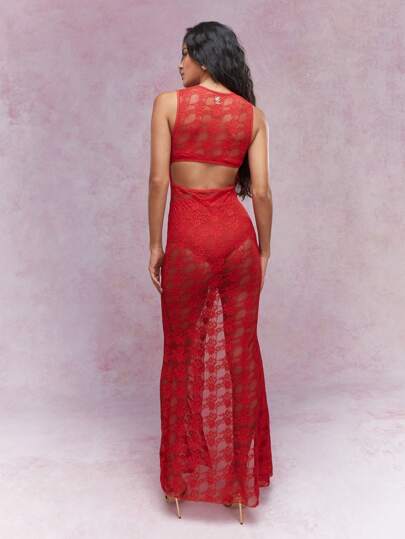 MISSGUIDED Sheer Lace Cut Out Thigh High Slit Maxi Dress Christmas MISSGUIDED