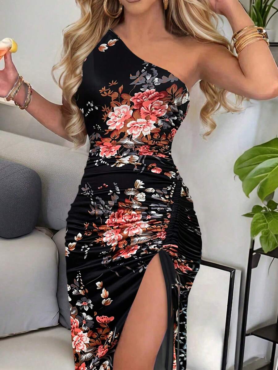 Breezaya Floral Print Asymmetrical Neck Drawstring Split Thigh Dress Maxi Women Outfit - Black - View 1
