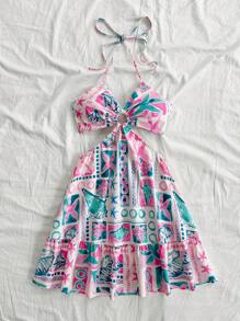 Soleia 女士度假风格薄荷绿海洋元素印花腰部镂空前圆环装饰吊带蝴蝶结海滩西方节日夏季波西米亚风 A 字裙 - 彩色 - 查看 4