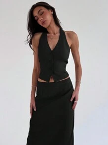 Aloruh Long Halter Slimming Suit Skirt Commuting Outfit, 2pcs/Set - Black - View 3