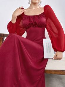 Modelyn Elegant Contrast Mesh Lantern Sleeve Ruched Bust Dress Fall Cloth For Women - Red - View 4