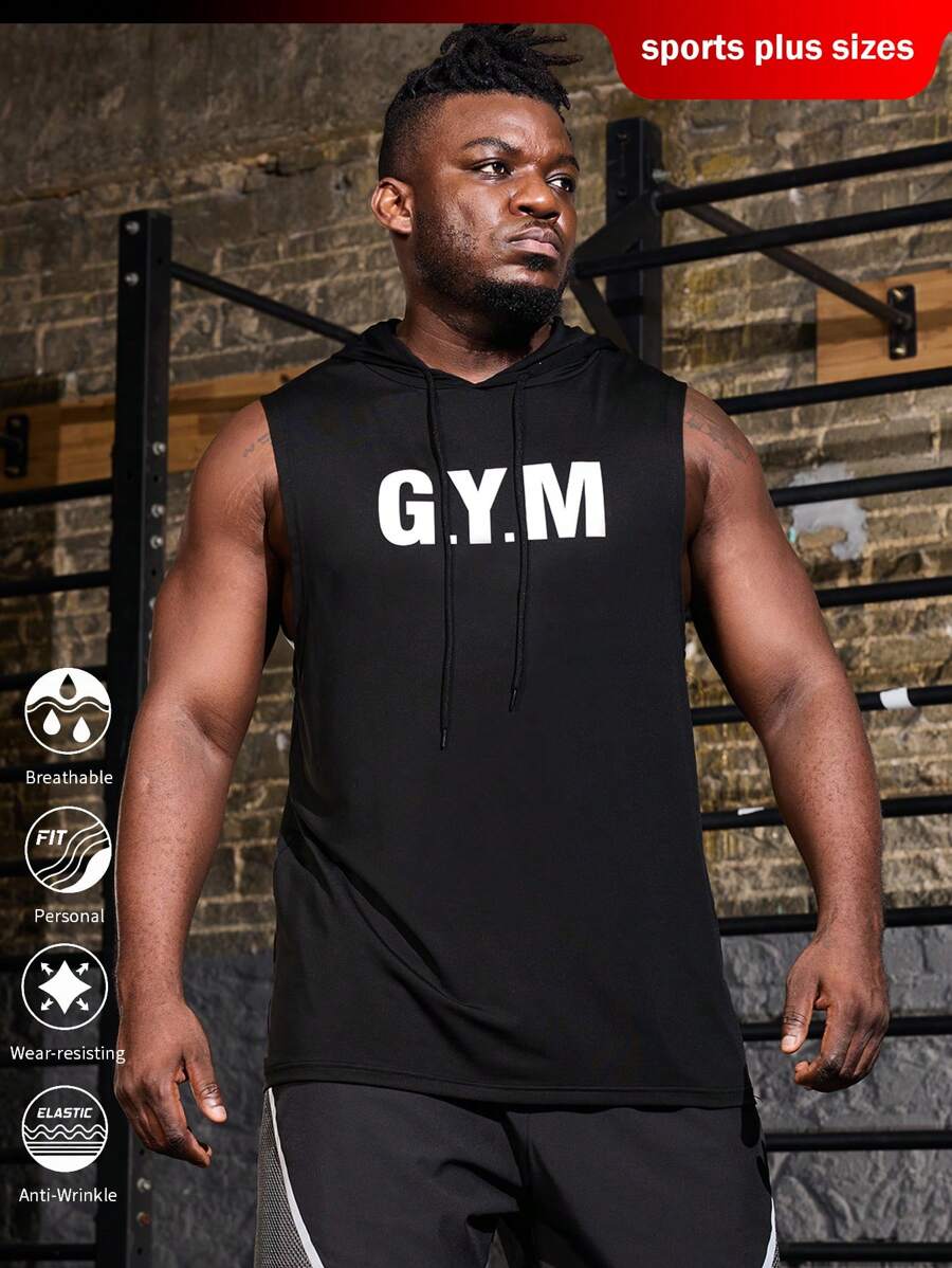 Gym Rark Hombres Plus Letra gráfica con capucha y cordones, camiseta sin mangas para deportes y gimnasio - Negro - Ver 1