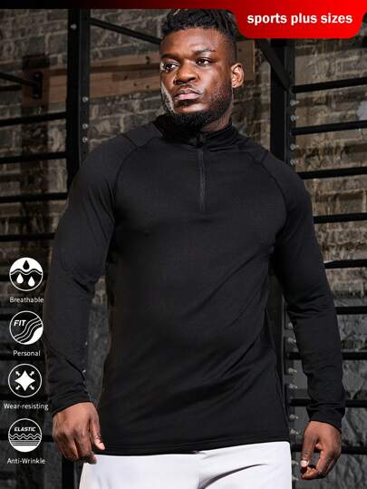 Manfinity Fitness Men Plus Half Zip Raglan Sleeve Sports Tee Breathable Sweat-Wicking Thick Quarter Zip Slim Fit For Gym Light Jacket
