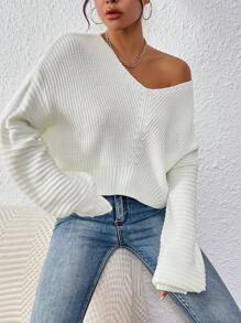 Chiquease Casual Simple V Neck Drop Shoulder Sweater, Knit Pullover Fall Winter - White - View 4