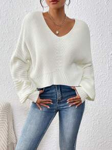 Chiquease Casual Simple V Neck Drop Shoulder Sweater, Knit Pullover Fall Winter - White - View 5