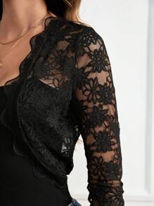SHEIN Clasi Sheer Lace Scallop Trim Crop Jacket For Summer