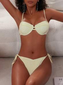 SHEIN Swim Women's Bikini Set Top With Ribbed Spaghetti Strap, Plaid Bottoms With Side-Tie Summer