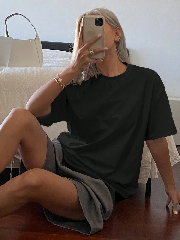 Solid Color Round Neck Loose Short Sleeve Women's T-Shirt, Long Length Summer