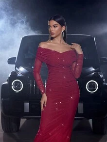 Vestido Bodycon Ombro à Mostra Sexy com Pregas e Manga Longa Para Festas Formais, Vestido de Festa, Vestido de Convidado de Casamento, Vestido de Noite, Vestido Longo - Vinho - Visão 4