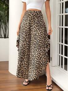 SHEIN Essnce Women's Summer Fashion Leopard Print Flare Pants With Ruffle Hem Casual Boho - Multicolor - View 2