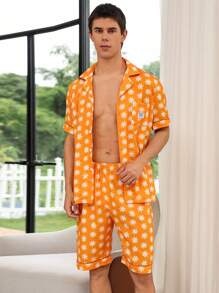 Men Allover Print PJ Set / Pajama Set For Daily - Orange - View 3