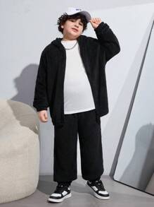 SHEIN Tween Boys' Extended Size Plush Hooded Jacket, Long Sleeve T-Shirt And Joggers 3pcs/Set For Casual And Outdoor Occasions - Black - View 3